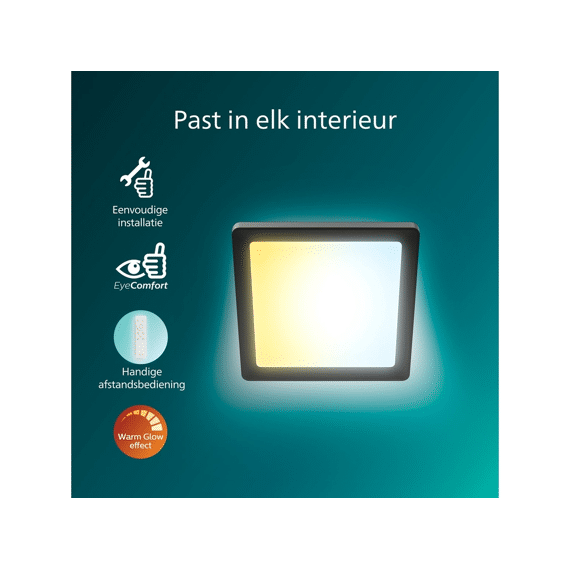 Philips Valen Plafondlamp Afstandsbediening Vierkant Zwart 17w 22-27-40-65k Warm Glow