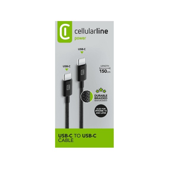 Cellularline Usb-c Kabel Braided 1.5m Gevlochten Versterkt Zwart