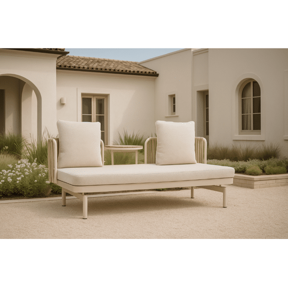 Isabeau Multifunctionele Bank Alu Frame Beige 184x78/96x72cm Met Tafel Acacia