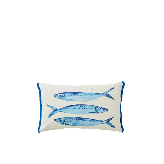 Kussen met Print 3 Sardienen Katoen Wit/blauw 50x30x10cm