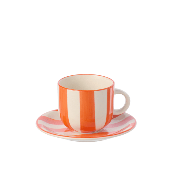Koffiekop + Bord Gestreept Aardewerk Oranje/wit 15x15x8cm