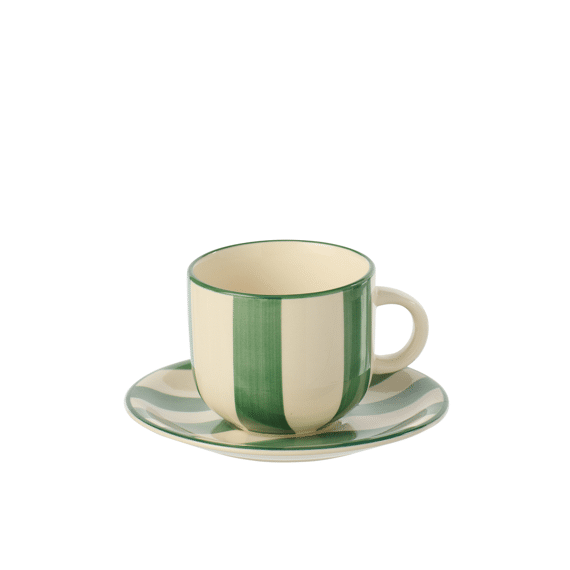 Koffiekop + Bord Gestreept Aardewerk Groen/wit 15x15x8cm