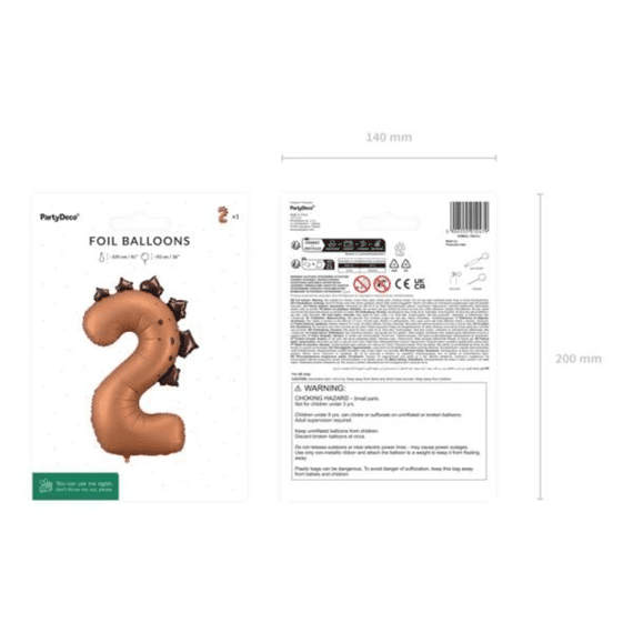 Party Deco Folie Ballon Nummer 2 Dinosaurus 92cm