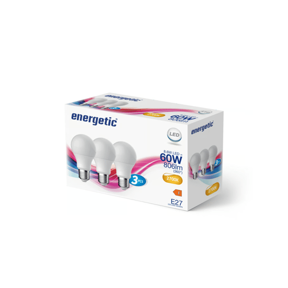 Energetic A60 8.6w 806lm Non-dim 240° 2700k 3-Pack