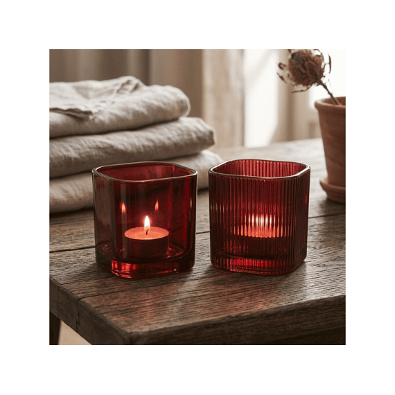 Windlicht Konos Vierkant H6.5cm Glas Rood 2ass.