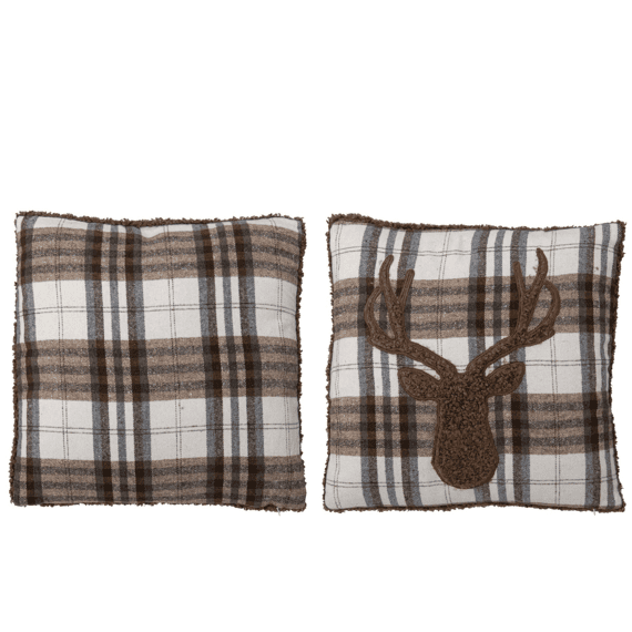 J-line Kussen Geruit+rendier Poly Bruin 45x45x15cm 2 Assortiment