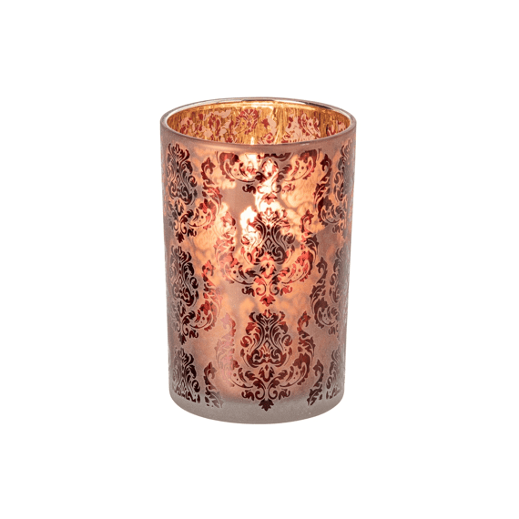 J-line Theelichthouder Bloemen Glas Bordeaux/koraal L 12x12x18cm