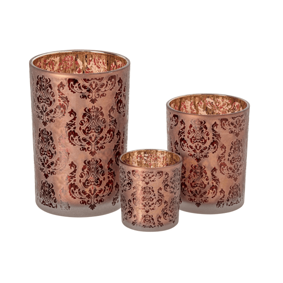 J-line Theelichthouder Bloemen Glas Bordeaux/koraal L 12x12x18cm