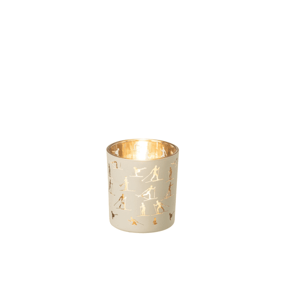 J-line Theelichthouder Skiers Glas Ecru/goud S 7,3x7,3x8cm
