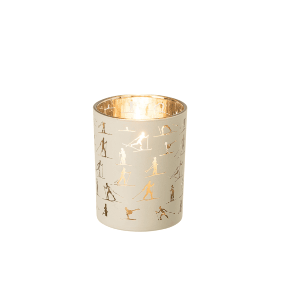 J-line Theelichthouder Skiers Glas Ecru/goud M 10x10x12,5cm