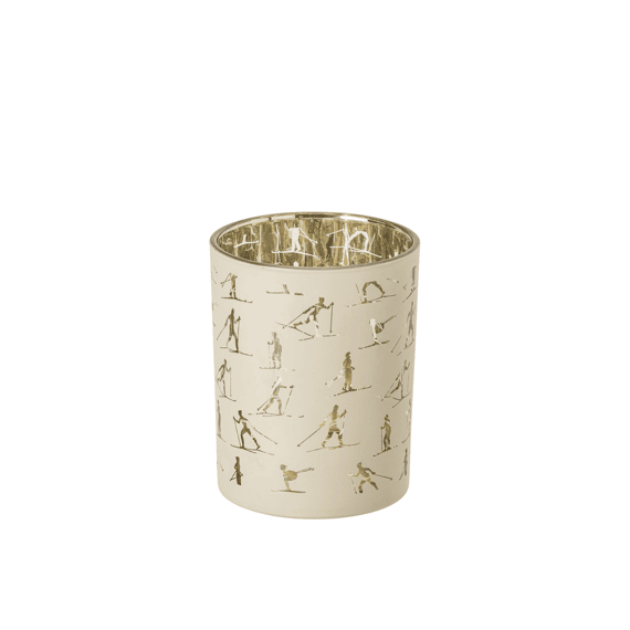 J-line Theelichthouder Skiers Glas Ecru/goud M 10x10x12,5cm
