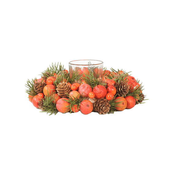 Krans Met Kaars, Dennenappels En Ballen D23cm Oranje