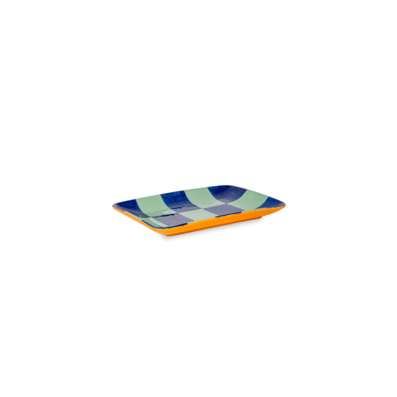 Wd Lifestyle Plat Bord Van Steengoed 20,5×15,3cm Blauw-groen Dambordpatroon