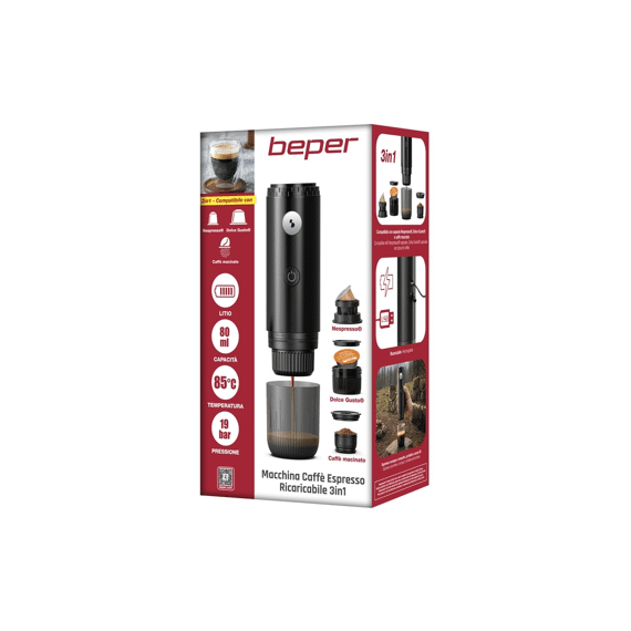 Beper Espressomachine Draagbaar & Oplaadbaar 80ml Zwart