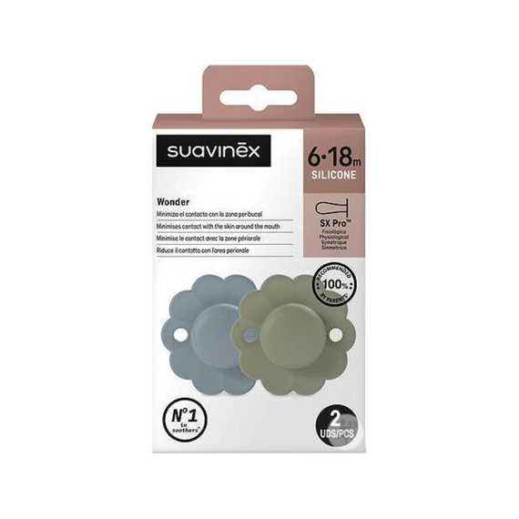 Suavinex Wonder 2st Siliconen Symmetrische Fopspeen Sxpro 6/18m Intens Groen + Intens Blauw