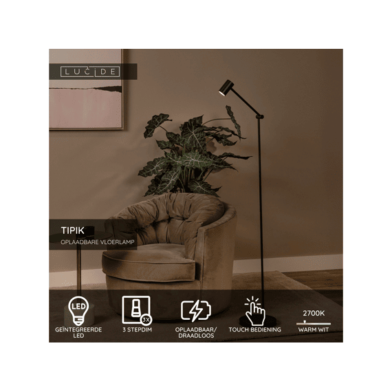 Tipik Vloerlamp Accu/batterij Led 3 Stepdim 1x3w 2700k Zwart