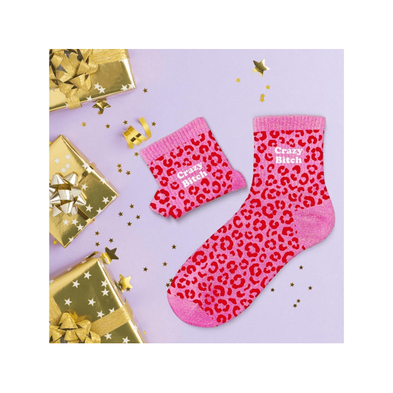 Glittersokken Leopard Crazy Bitch