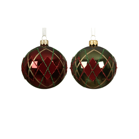 Kerstbal Glas Shiny Ruitjes Dia8cm 2 Assortiment