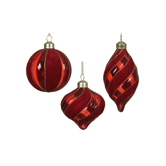 Kerstbal Glas Flock Strepen Dia8cm Kerstrood 3 Assortiment