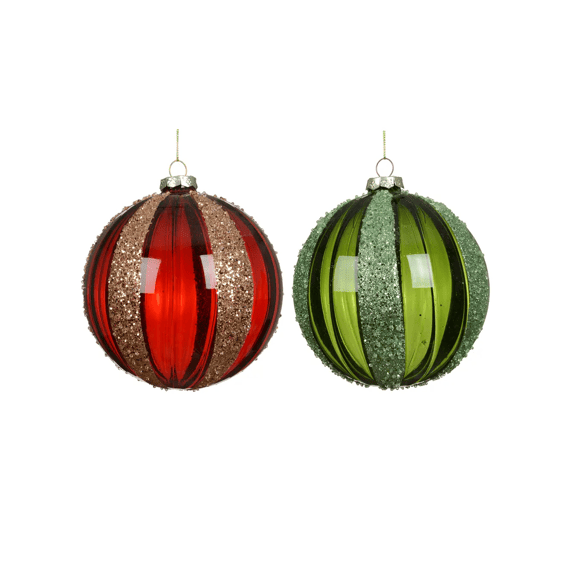 Kerstbal Glas Transparant Glitter Dia12cm Rood/groen 2 Assortiment