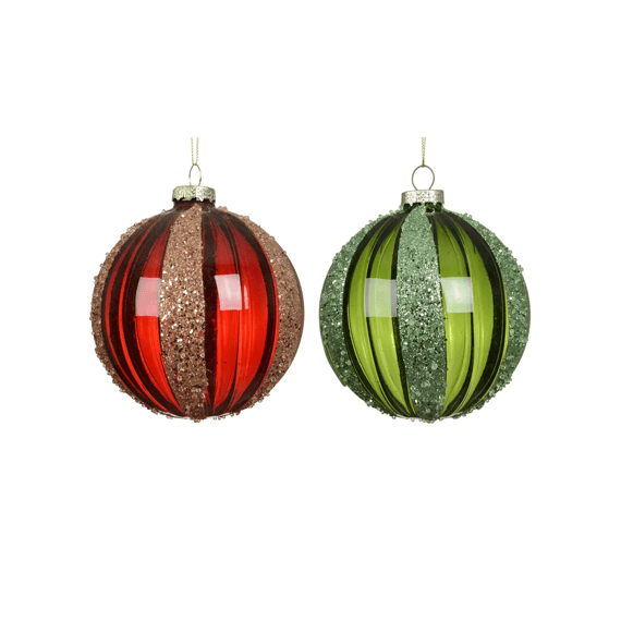 Kerstbal Glas Transparant Glitter Dia10cm Rood/groen 2 Assortiment