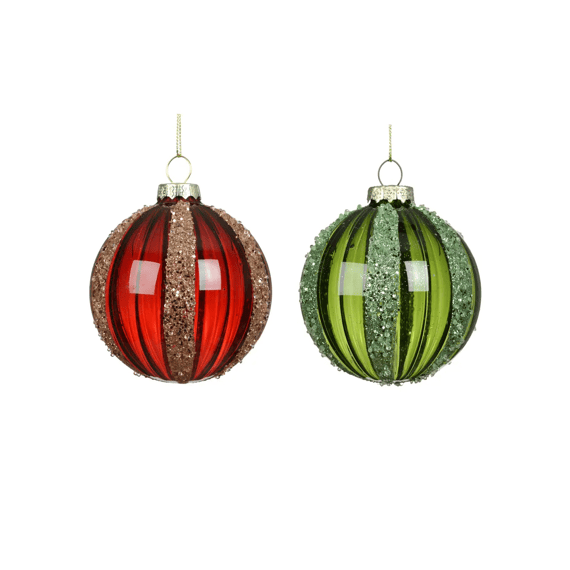 Kerstbal Glas Transparant Glitter Dia8cm Rood/groen 2 Assortiment