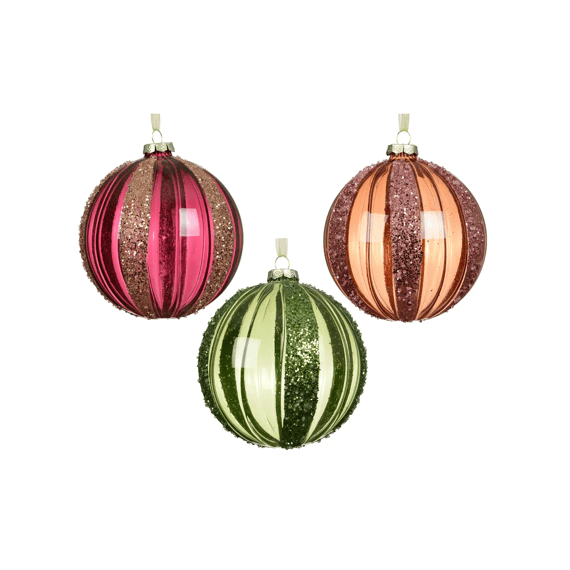 Kerstbal Glas Transparant Glitter Dia12cm Roze/groen/bruin 3 Assortiment
