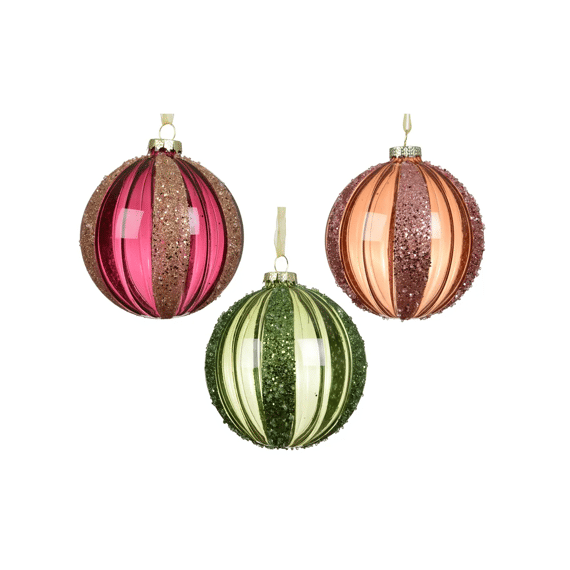 Kerstbal Glas Transparant Glitter Dia10cm Roze/groen/bruin 3 Assortiment