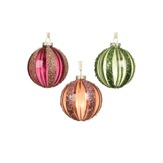 Kerstbal Glas Transparant Glitter Dia8cm Roze/groen/bruin 3 Assortiment