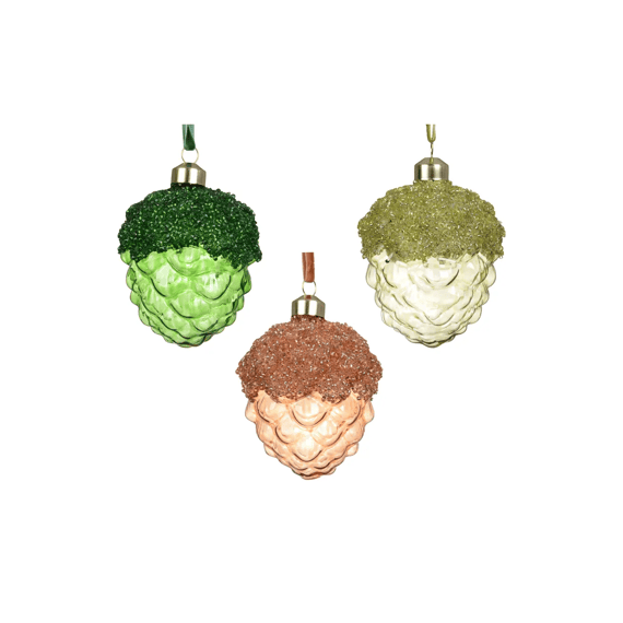 Dennenappel Glas Transparant Glitter Dia7.5-h9cm Groen/bruin/beige 3 Assortiment