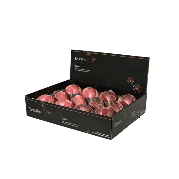 Kerstbal Glas Flock Finish Strepen Dia8cm Roze 6 Assortiment