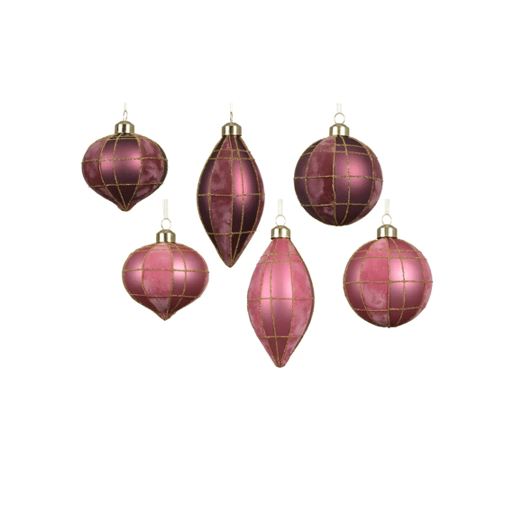 Kerstbal Glas Flock Finish Strepen Dia8cm Roze 6 Assortiment