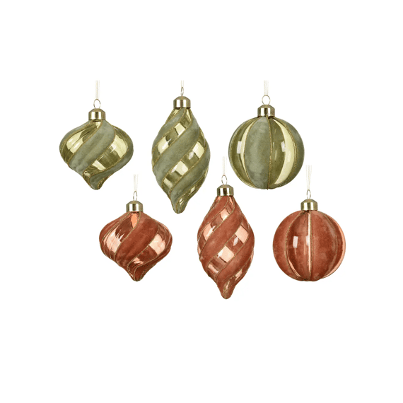 Kerstbal Glas Transparant Flock Swirl Dia8cm Olijf/bruin 6 Assortiment