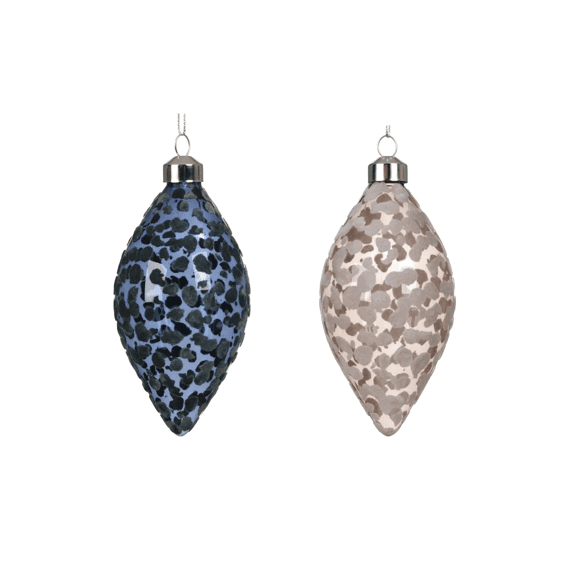 Kerstbal Glas Olijf Transparant Flock Dia6cm-h.13cm Blauw/parel 2 Assortiment