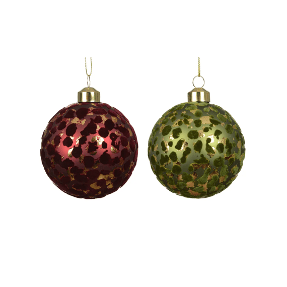 Kerstbal Glas Mat Flock Ass Dia8cm Rood/groen 2 Assortiment