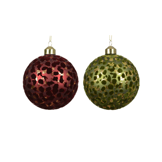 Kerstbal Glas Mat Flock Ass Dia10cm Rood/groen 2 Assortiment
