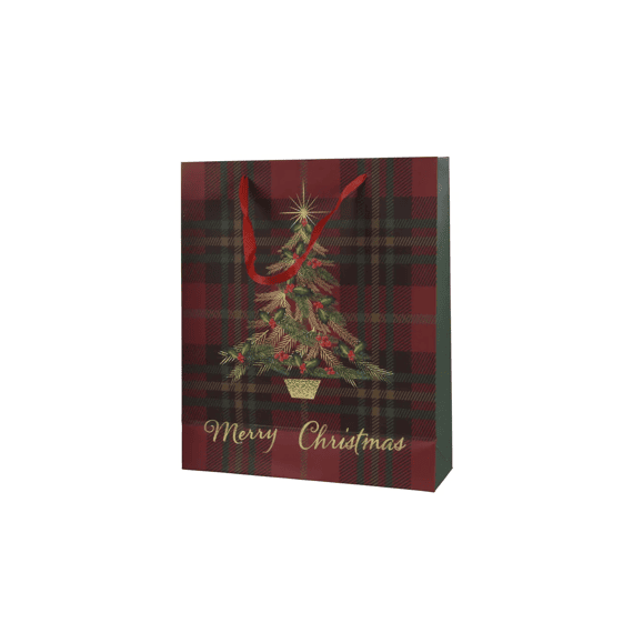 Giftbag Papier Glitter Ruitjes Kerstboom L18-w8-h24cm Rood/kleur(en)