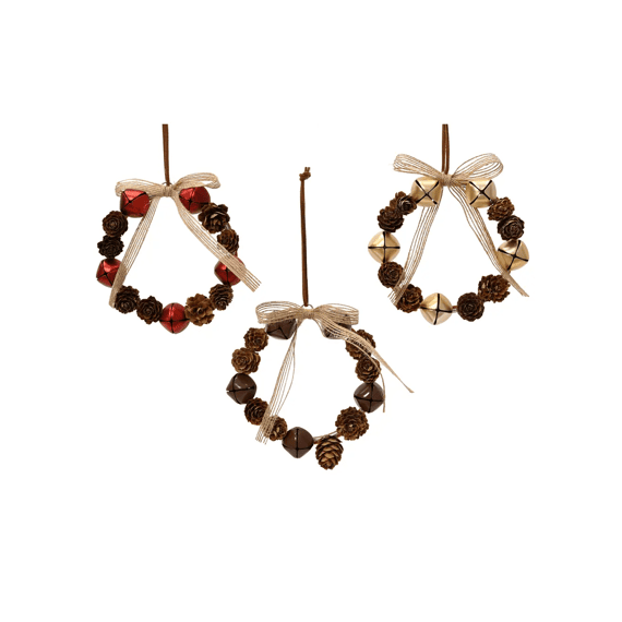Krans Ijzer Dennenappel Belletje L12-w3-h12cm Rood/bruin/goud 3 Assortiment