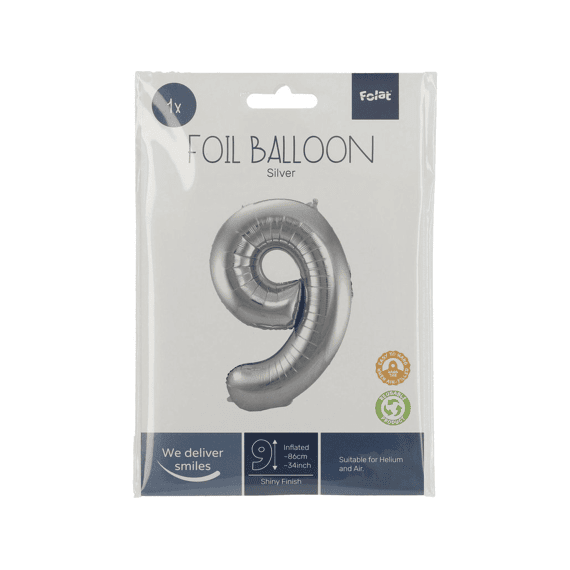 Folie Ballon Cijfer 9 Zilver 86 Cm