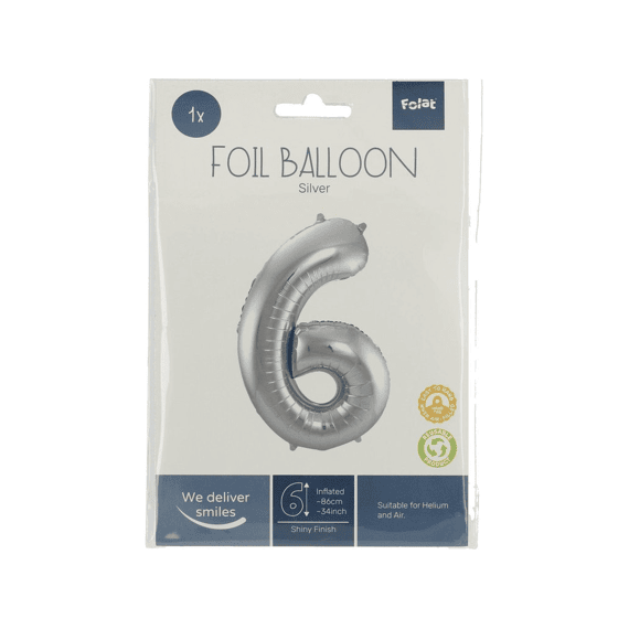 Folie Ballon Cijfer 6 Zilver 86 Cm