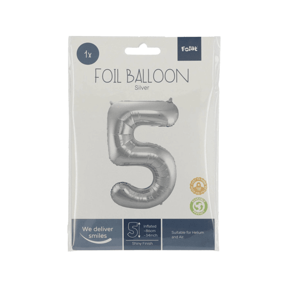 Folie Ballon Cijfer 5 Zilver 86 Cm