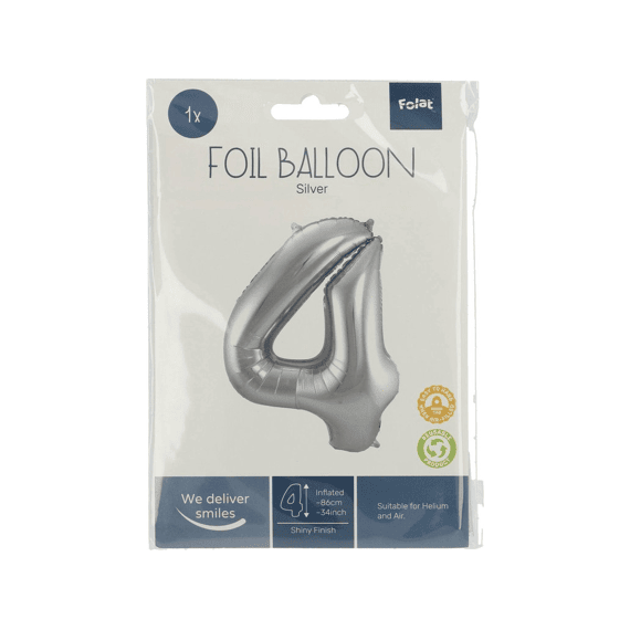 Folie Ballon Cijfer 4 Zilver 86 Cm