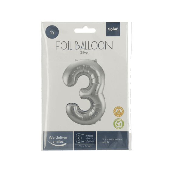 Folie Ballon Cijfer 3 Zilver 86 Cm