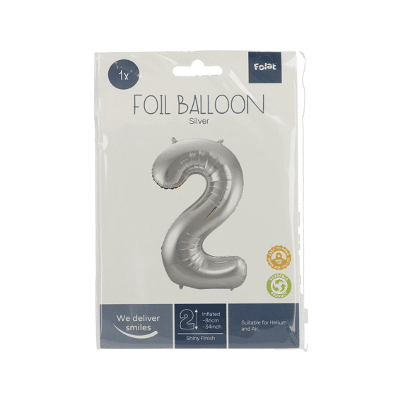 Folie Ballon Cijfer 2 Zilver 86 Cm