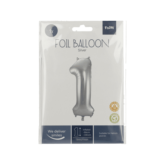 Folie Ballon Cijfer 1 Zilver 86 Cm