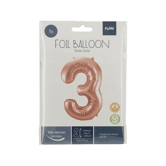 Folie Ballon Cijfer 3 Rose Goud 86 Cm