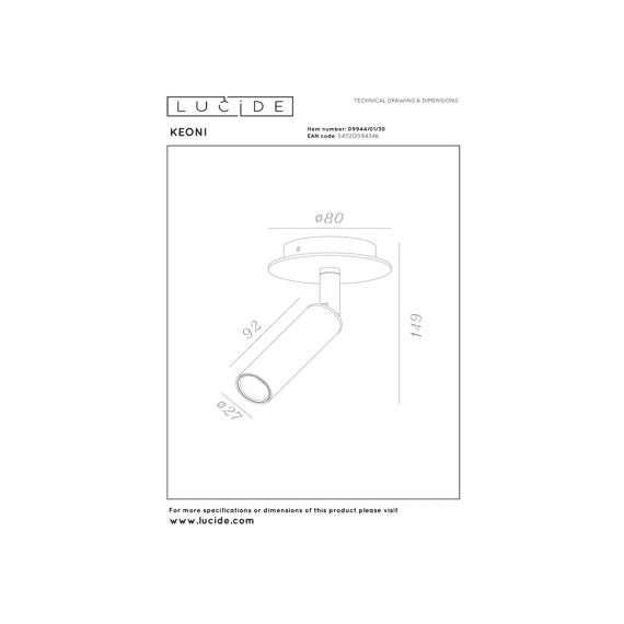Lucide Keoni Plafondspot Zwart Ø8 Led