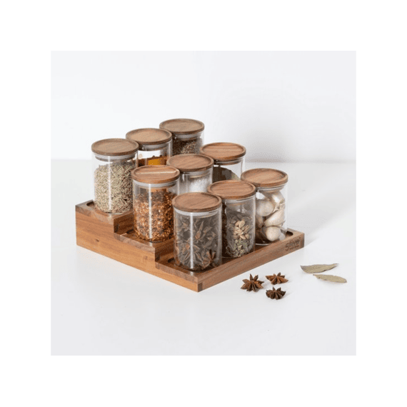 Kruidenrek Harmony 9 Potjes Glas/acaciahout