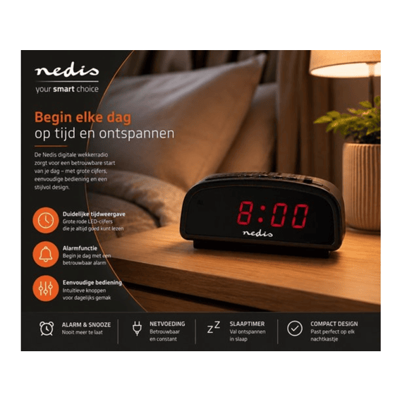 Nedis Wekkerradio Digitaal Led Met Snoozefunctie Zwart
