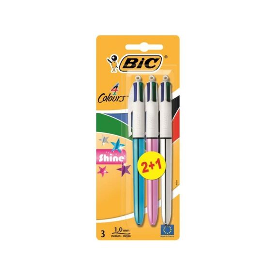 Bic 4 Kleuren Balpen Shine Blister 2+1 Gratis